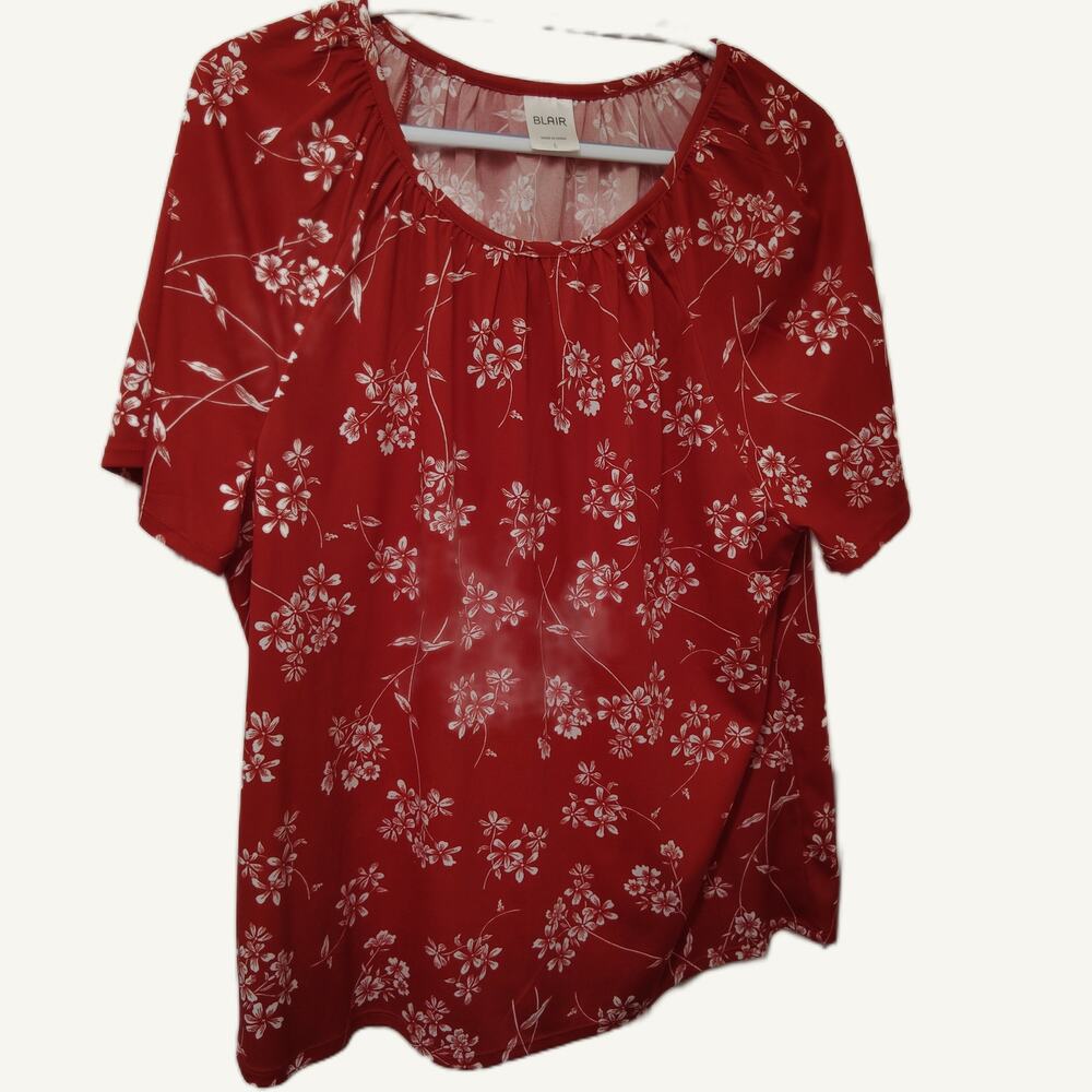 Blair Women's Red & White Floral Short Sleeve Top - Size L, 100% Polyester